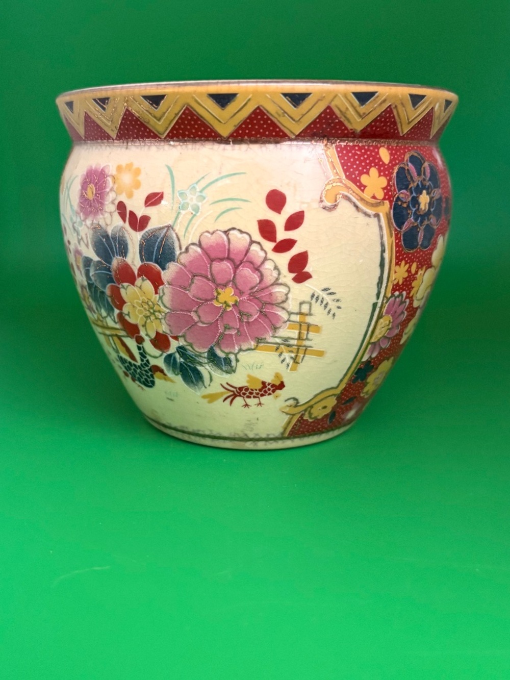Vtg New England Pottery Floral Ming Dynasty Style Fish Bowl Planter Gold Accent